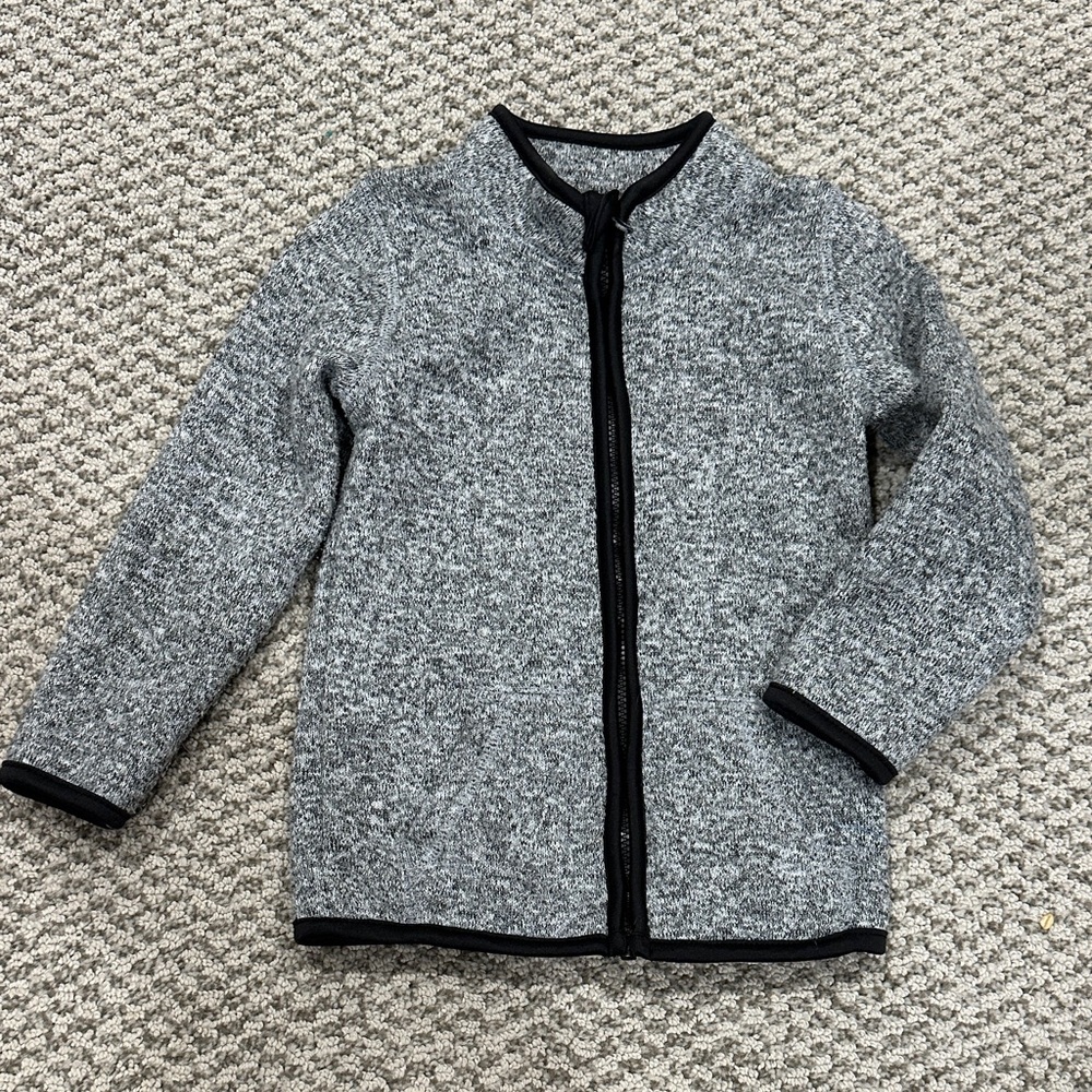 Gray Knit Cardigan with Black Trim